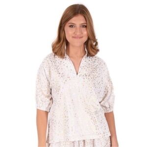 Emily McCarthy Poppy Top Starry Night Gold White Stars V Neck Puff Sleeve XS